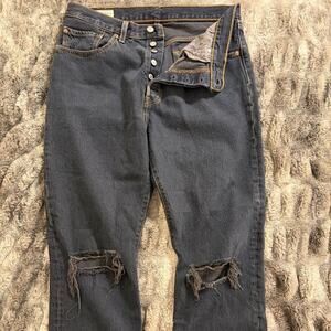 Levi's 501 Premium High Rise Cropped Jeans - Dark Wash Distressed - 31x26